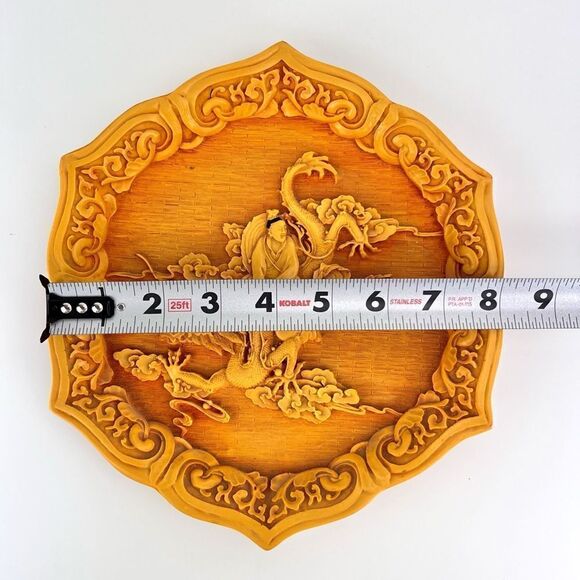 Vintage Chinese Dragon Themed Cinnabar Yellow Plate Asian Art - Picture 8 of 9